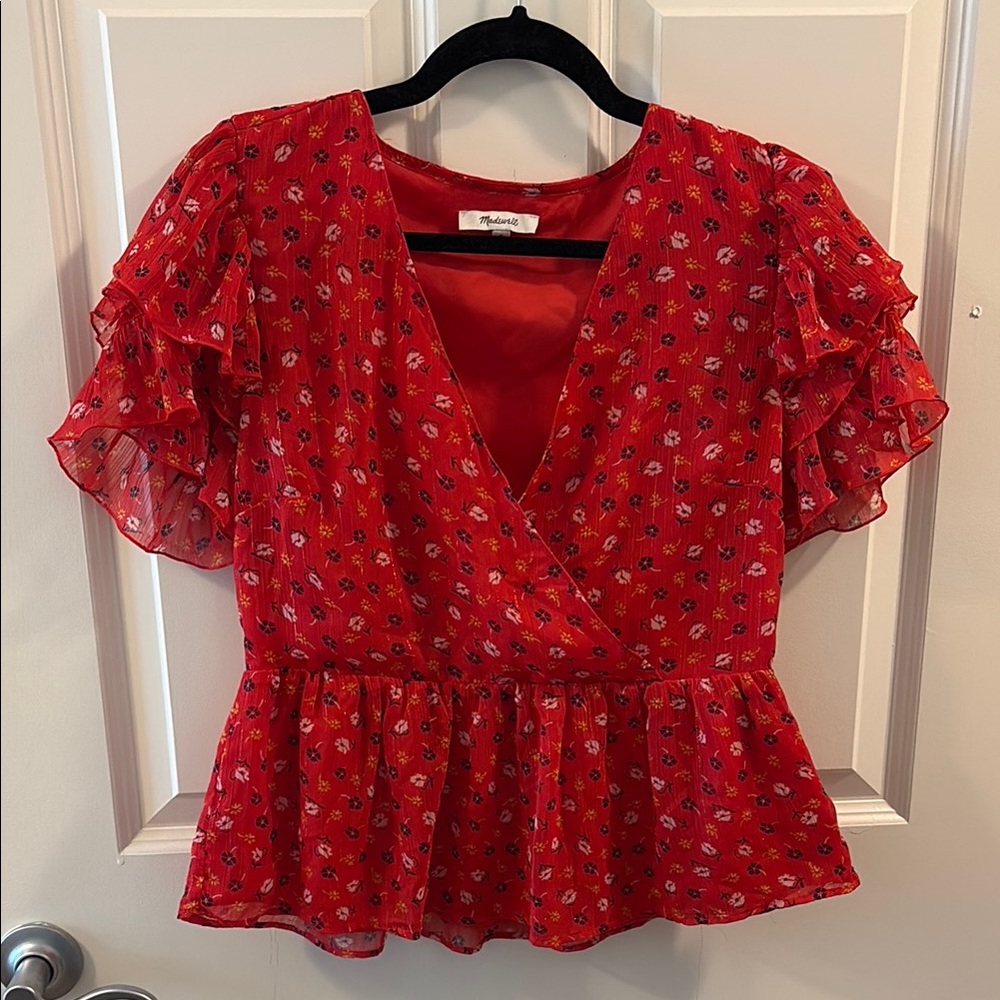 Madewell Red Flutter Sleeve Wrap Blouse